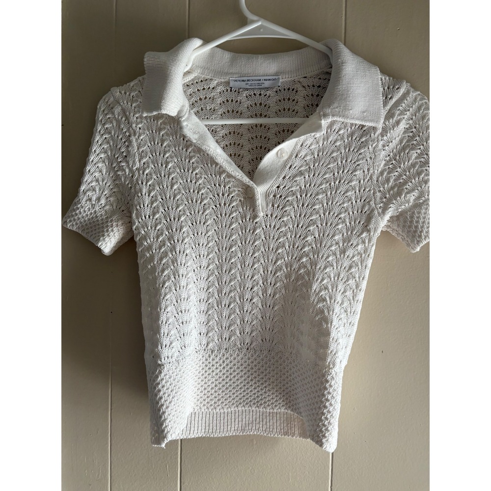 Victoria Beckham x Mango White Pointelle Knit Polo Top Short Sleeve Crochet XS
